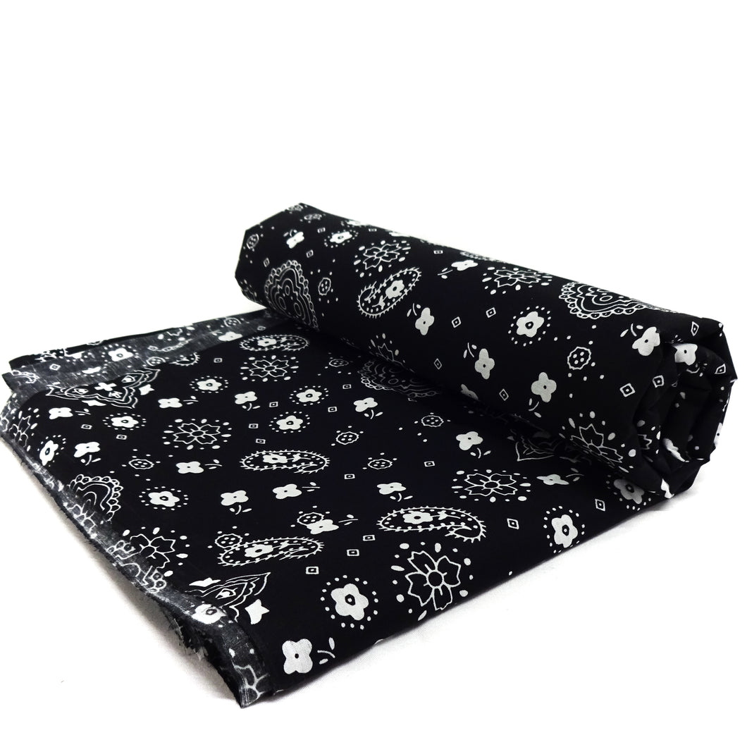 (3 Yards Cut) Poly Cotton Bandana Print Fabric, Black