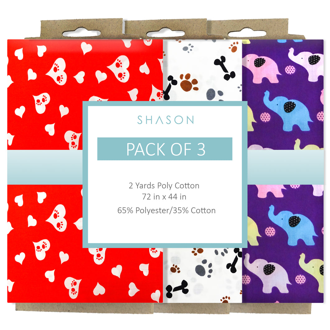 Shason Textile (2 Yards) Pack of 3 Poly Cotton Theme Bundle for Crafts and Projects, Pet Prints